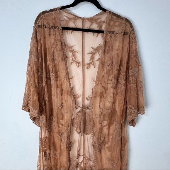 Tan Lace Kimono Longline Duster Boho Cottagecore Feminine Romantic Fairy Mesh - Picture 6 of 10